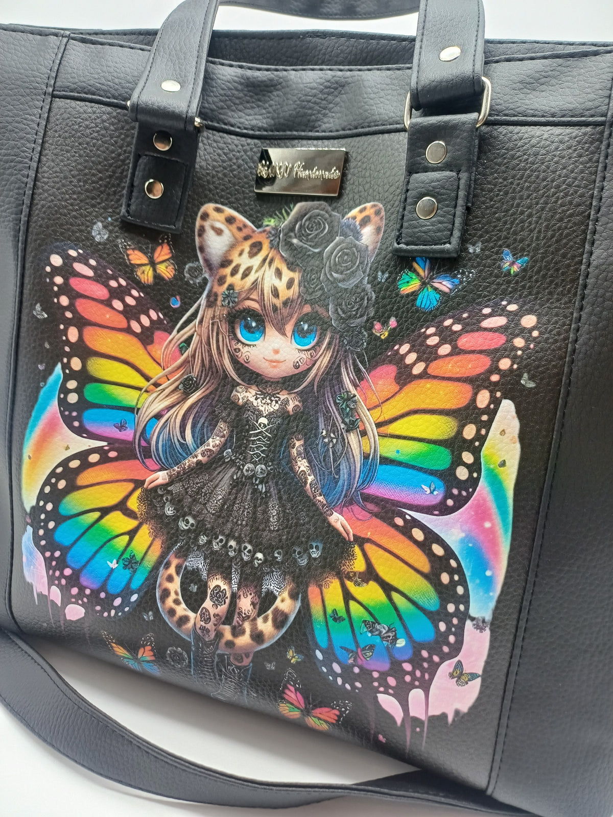 Handtasche mit Katzenmädchen & Schmetterlingen